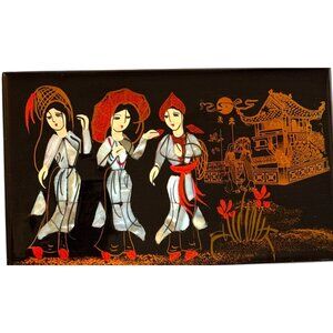 Japanese Black Lacquer Jewelry Box With Mother Of Pearl Inlay & Red Velvet Inter